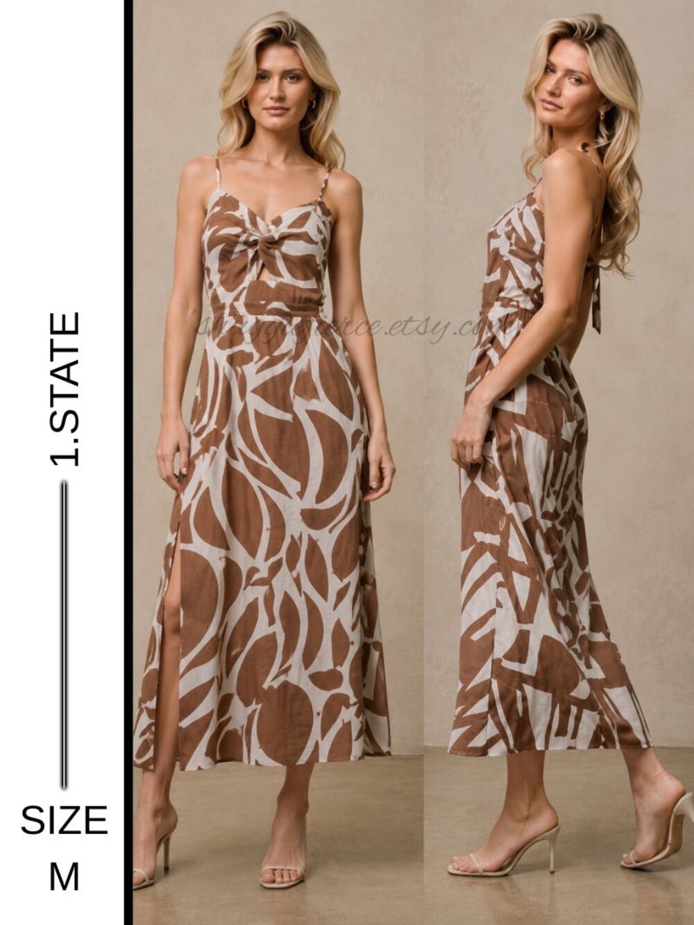 MSRP $149✨ Size M 1.STATE Linen Blend Twist Front Maxi Dress | Neutral Abstract✨